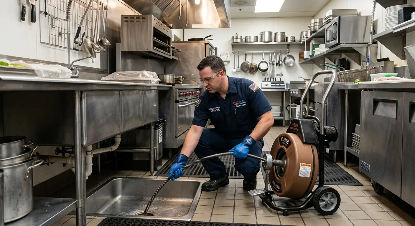 Commercial drain cleaning service in a restaurant kitchen in San Marcos