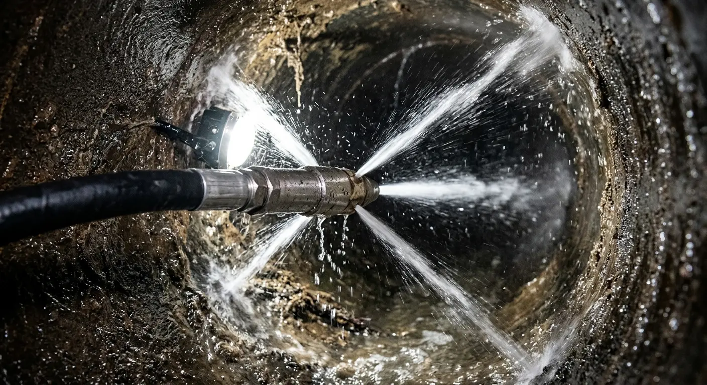 High-pressure hydro jetting nozzle cleaning sewer pipe for Emergency Drain Service in San Marcos