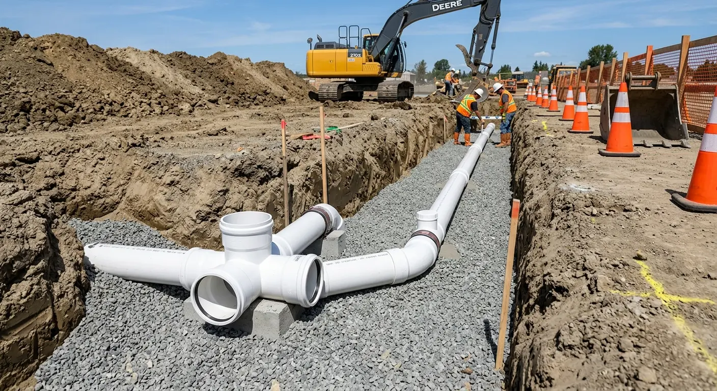 New PVC sewer pipe installation in open trench for Sewer Backup in San Marcos