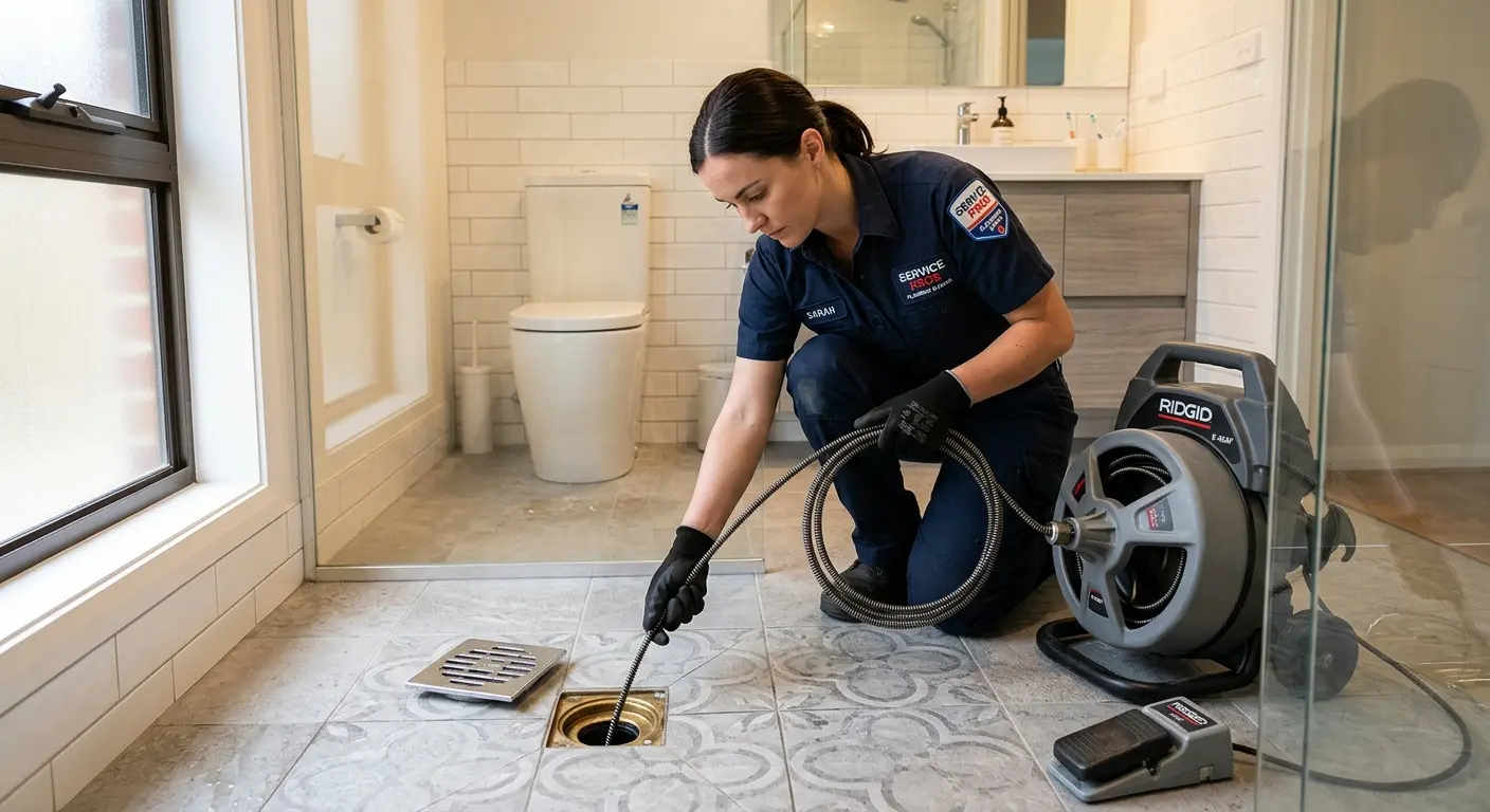 Technician clearing a bathroom floor drain for Drain Cleaning in San Marcos